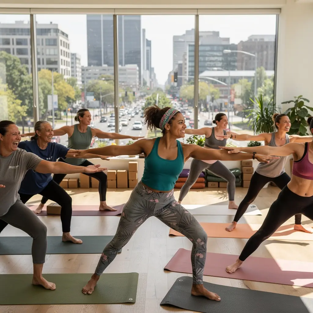 Vista aérea de una clase de yoga al aire libre con colchonetas de colores.