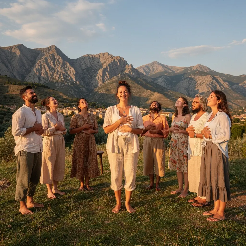 Grupo de personas practicando técnicas de respiración en una sala luminosa.