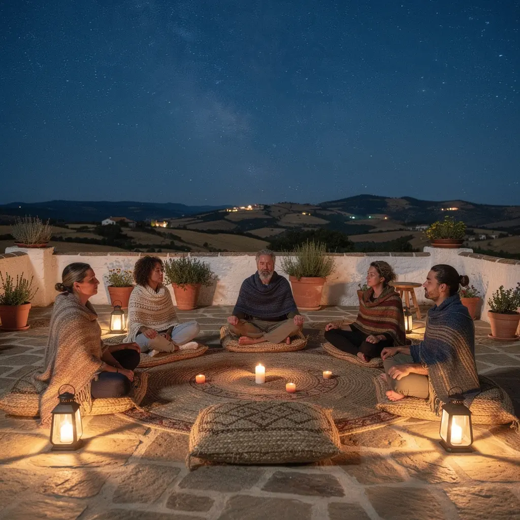 Mujer realizando una postura de yoga en un jardín sereno al atardecer.