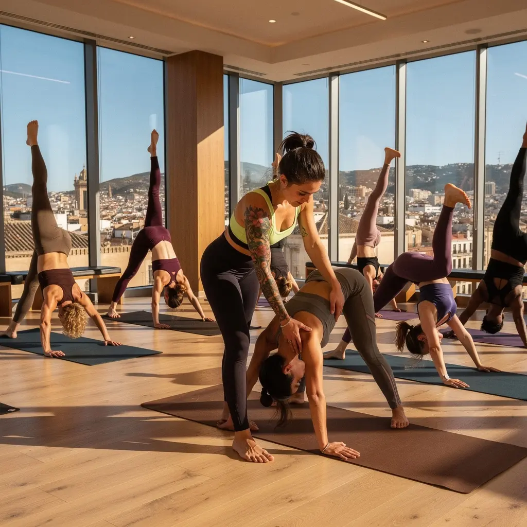 Mujer realizando una postura de yoga en un jardín sereno al atardecer.
