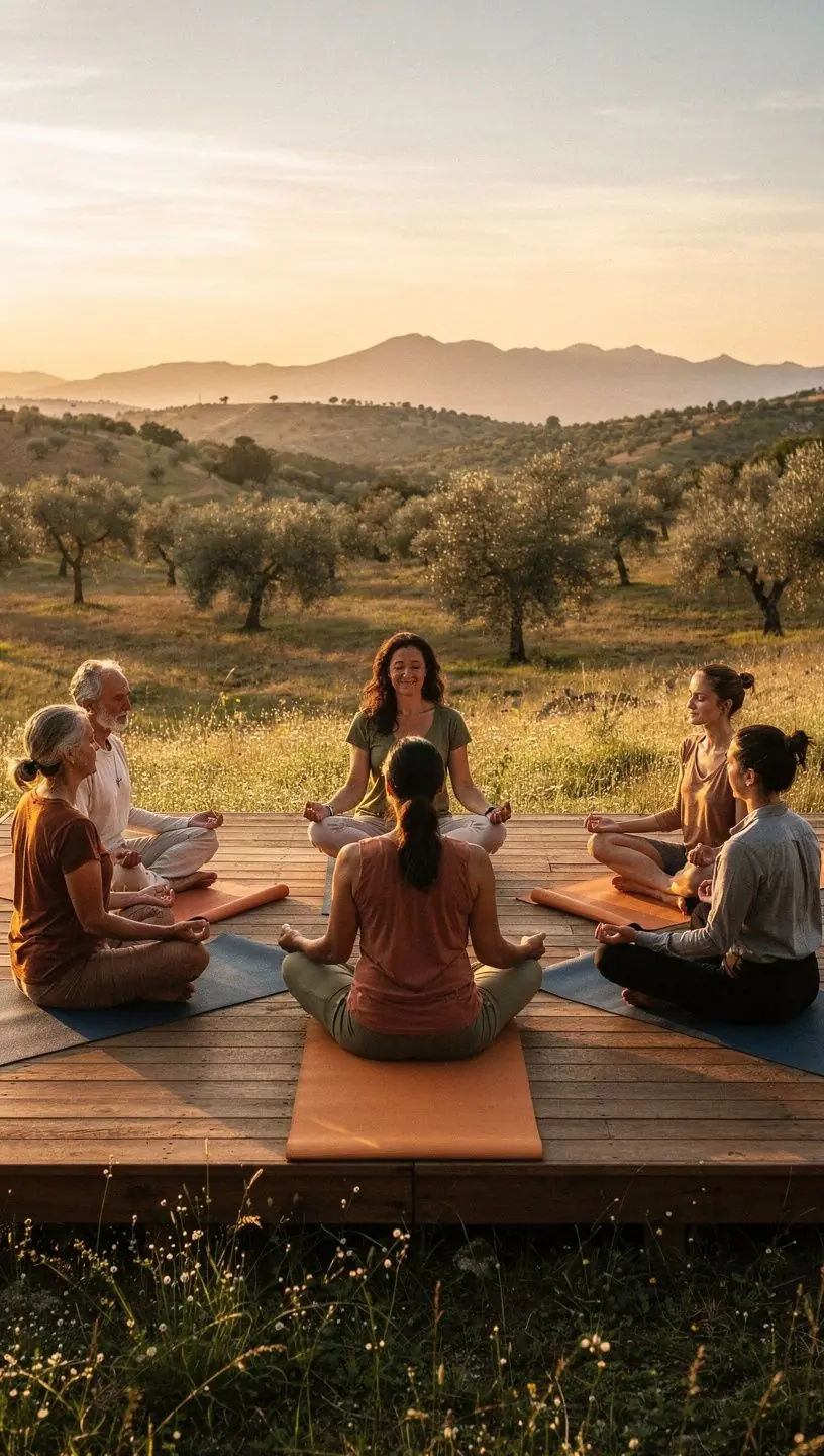 Mujer realizando una postura de yoga en un jardín sereno al atardecer.