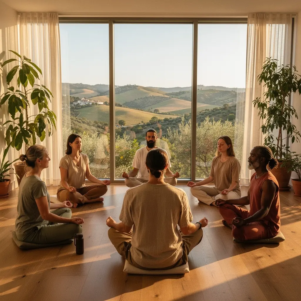 Mujer realizando una postura de yoga en un jardín sereno al atardecer.