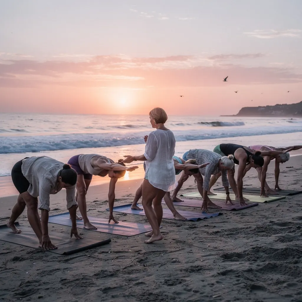Mujer realizando una postura de yoga en un jardín sereno al atardecer.