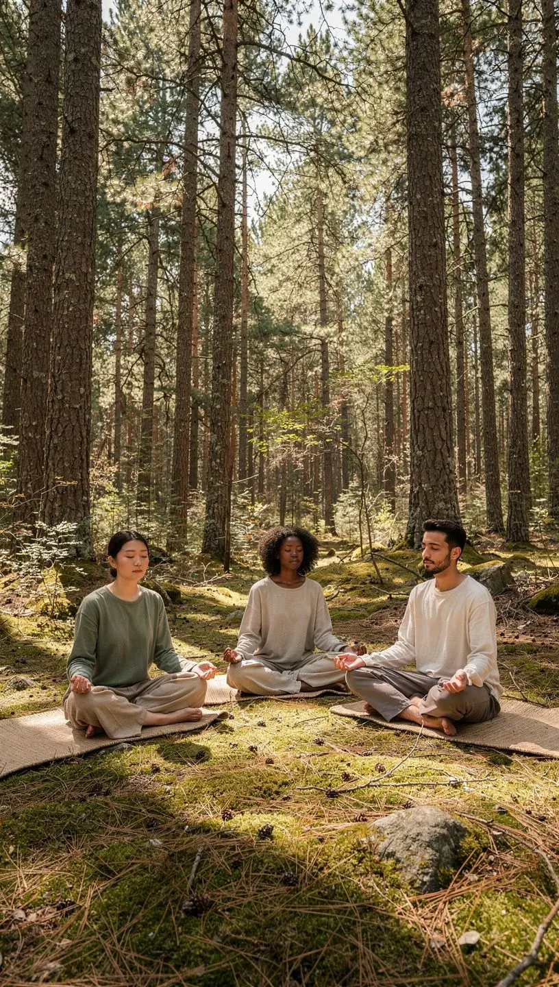 Mujer realizando una postura de yoga en un jardín sereno al atardecer.