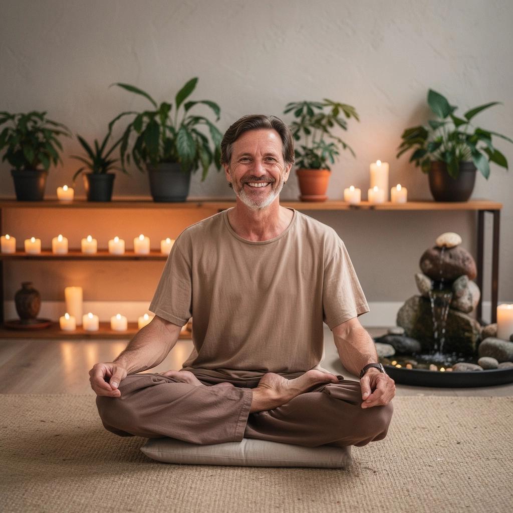 Clase de yoga en un estudio iluminado con velas y esterillas en el suelo.